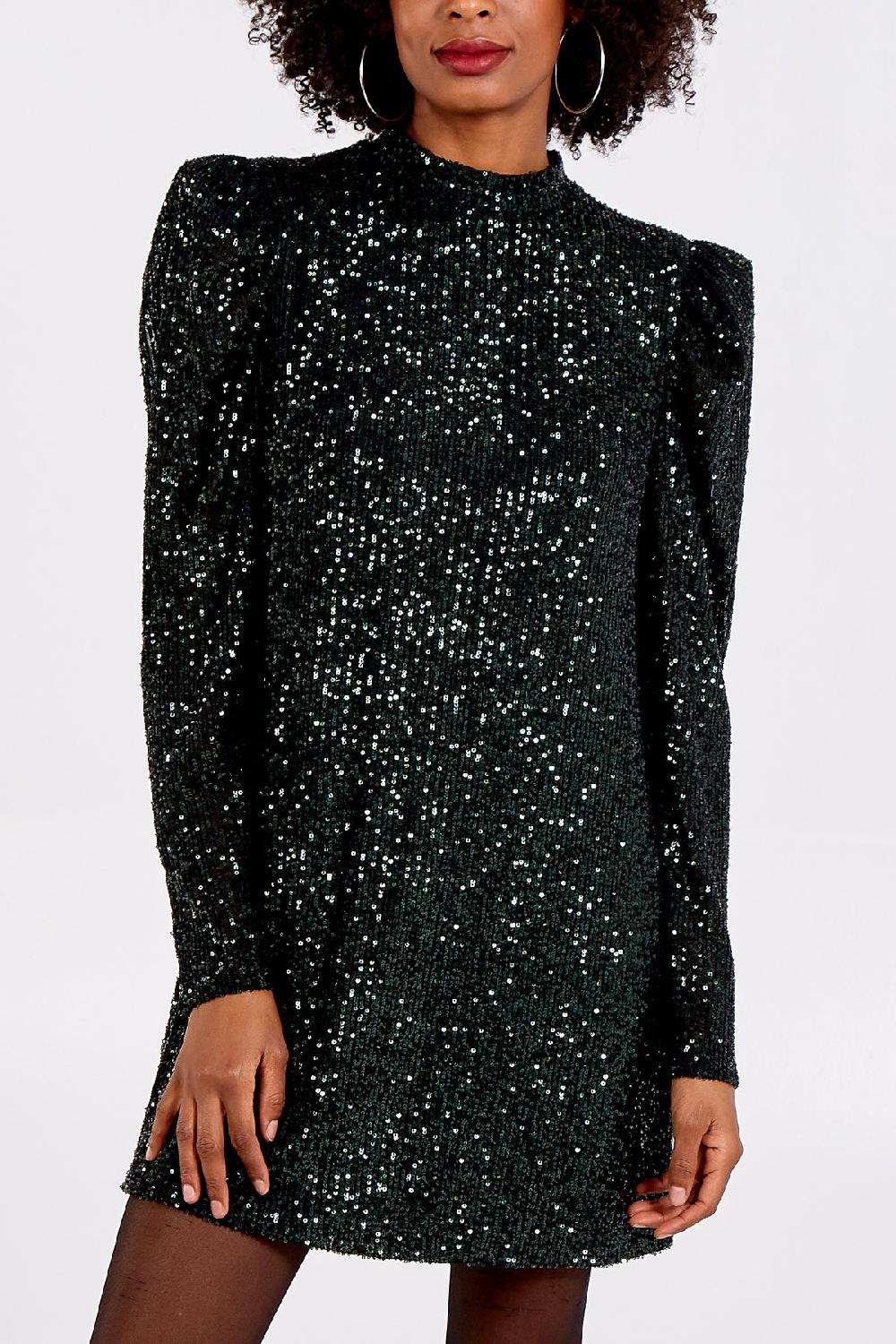 Qed London Puff Shoulder Sequin Swing Dress