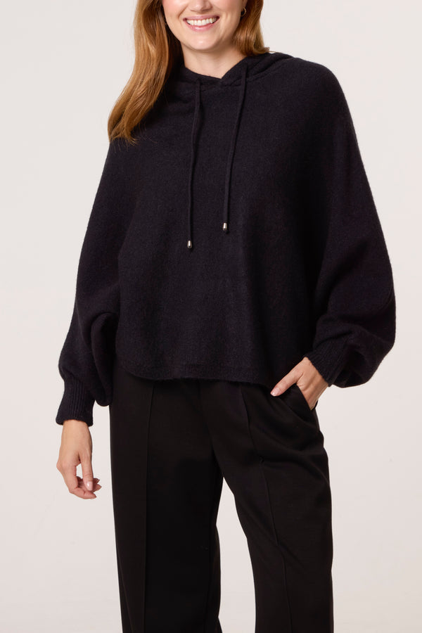 qed london Puff Sleeve Boxy Knit Hoodie