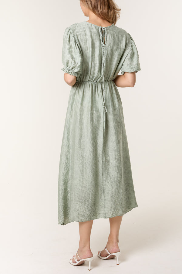 Qed London Puff Sleeve Crinkle Fabric Dress