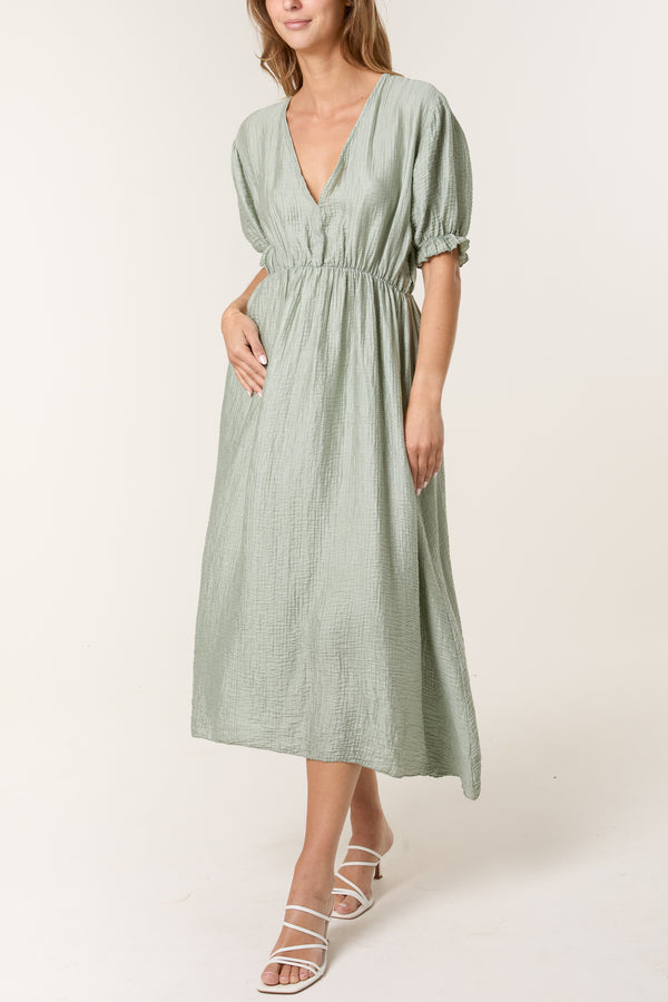 qed london Puff Sleeve Crinkle Fabric Dress