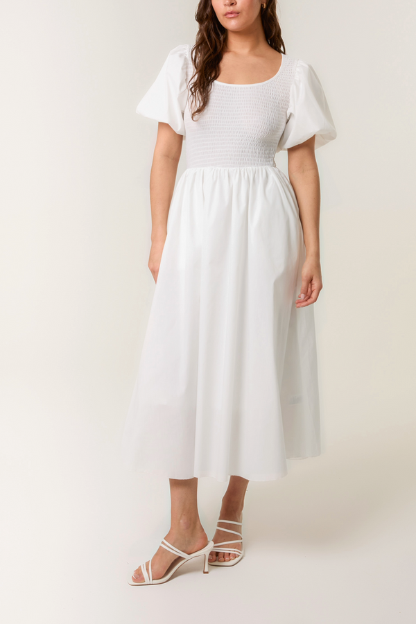 qed london Puff Sleeve Mix Fabric Midi Dress