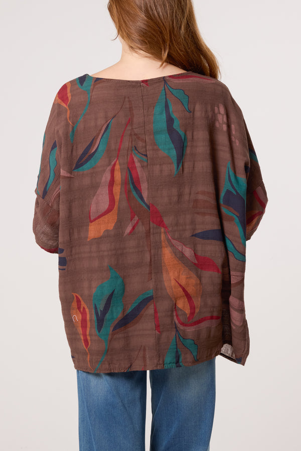 Qed London Pure Cotton Contrast Leaves Print Top