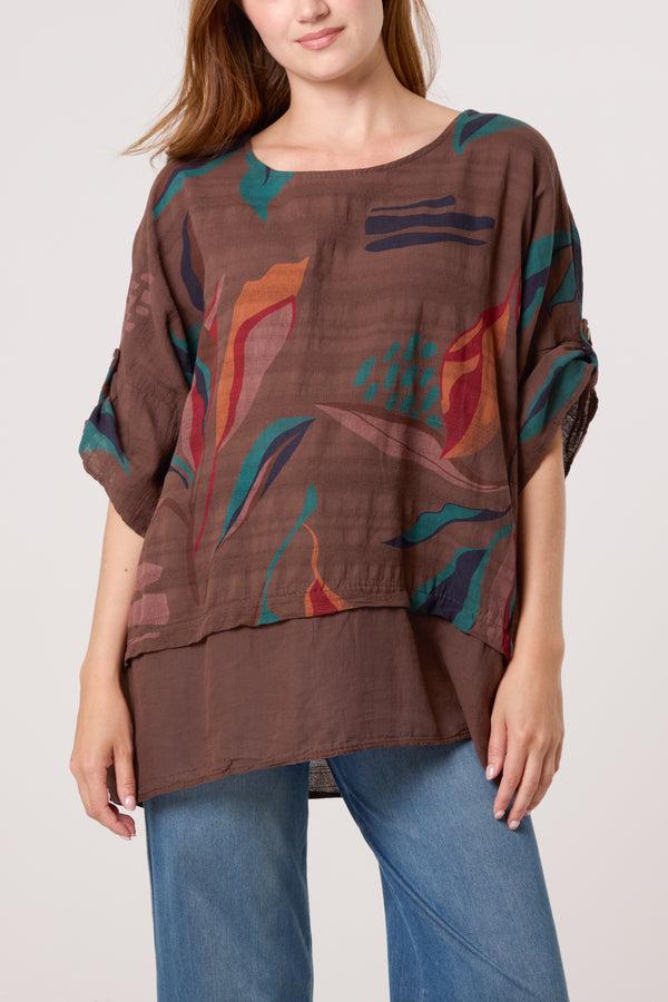 qed london Pure Cotton Contrast Leaves Print Top