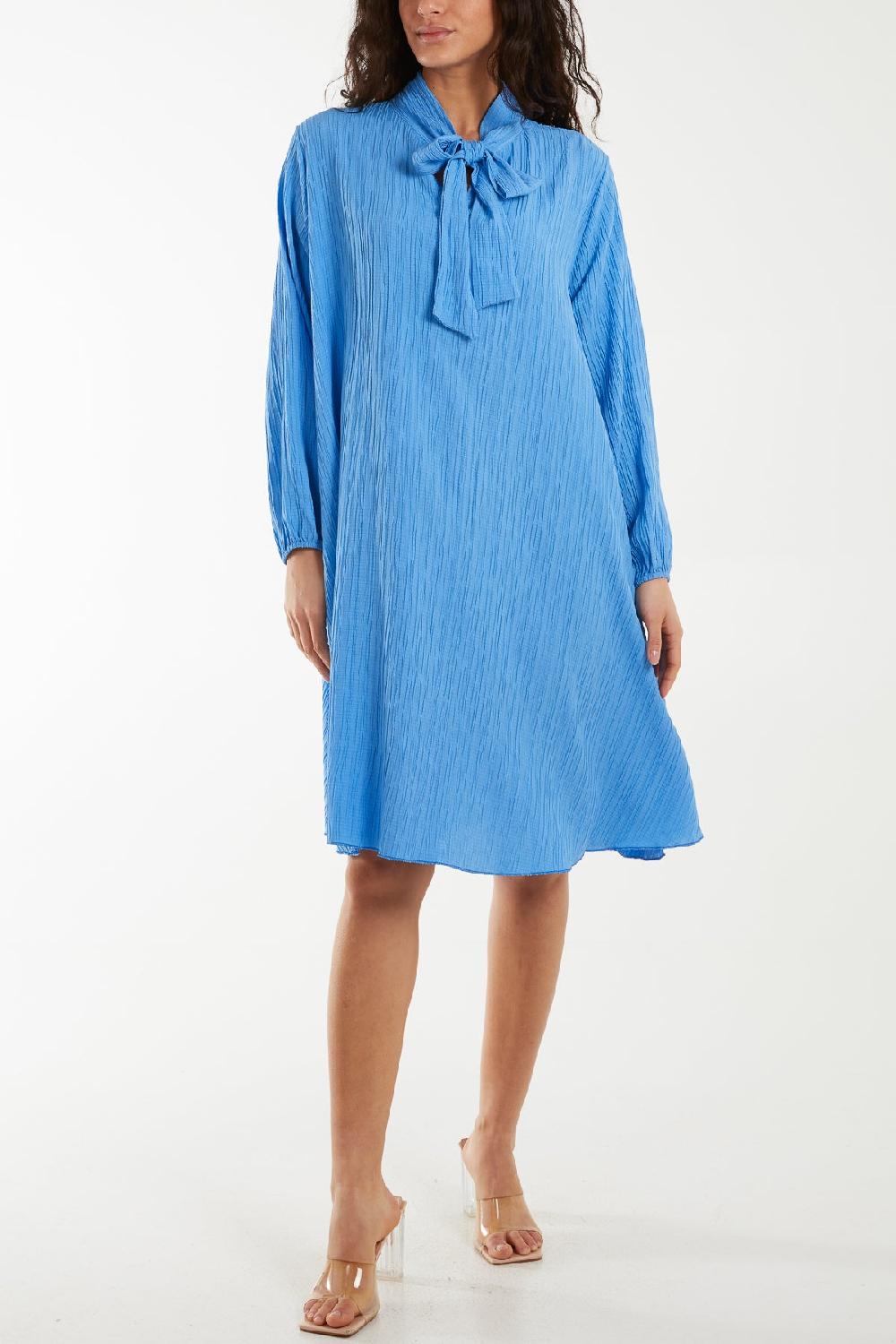 Qed London Pussy Bow Crinkle Fabric Midi Dress