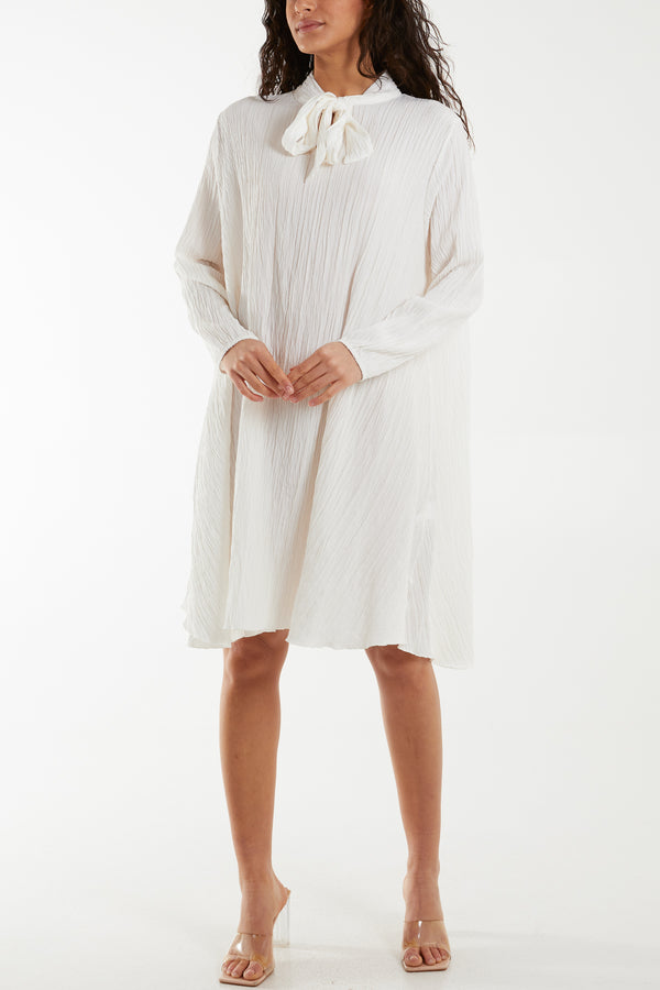 Qed London Pussy Bow Crinkle Fabric Midi Dress