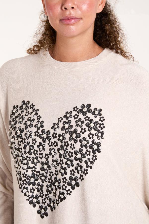 Qed London Relaxed Batwing Flower & Heart Jumper