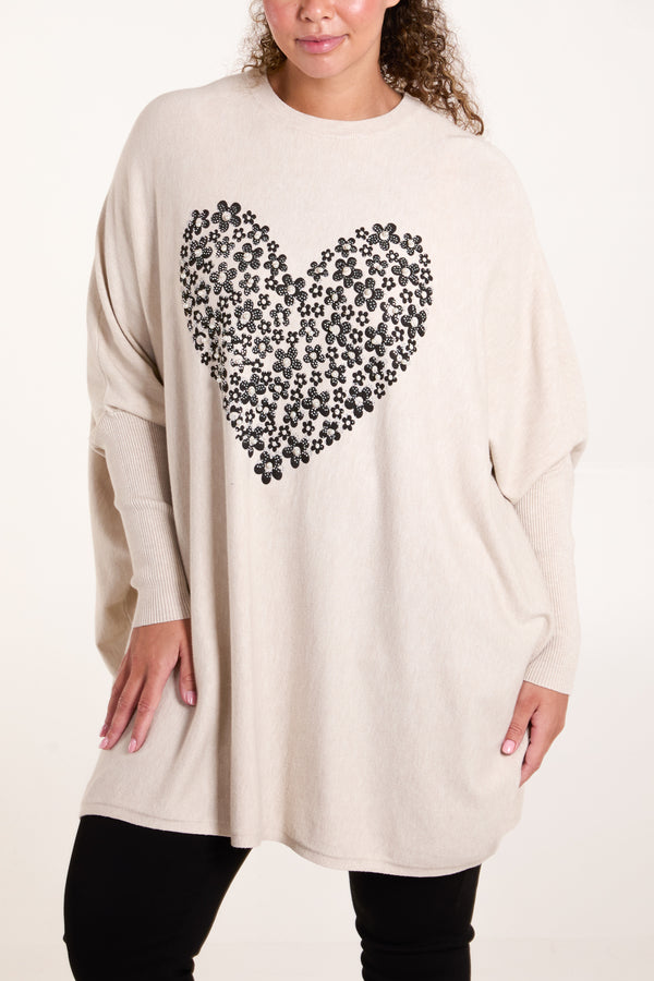qed london Relaxed Batwing Flower & Heart Jumper