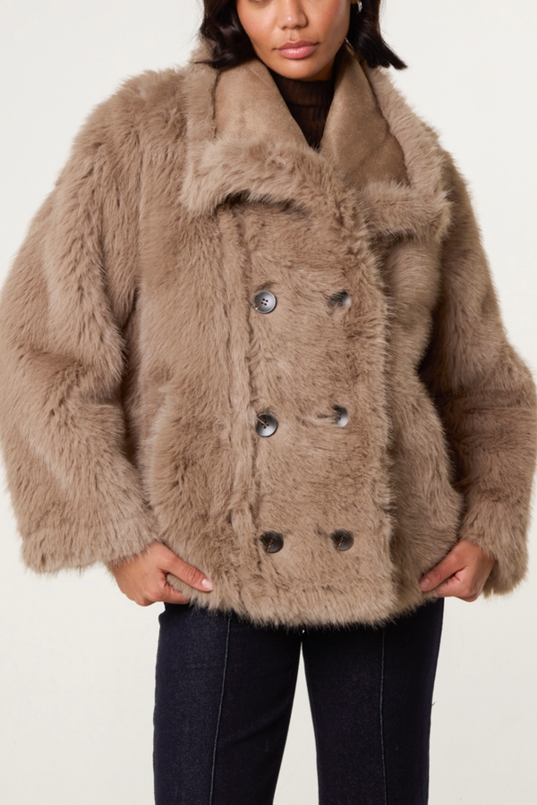 Qed London Reversible Double Button Faux Fur Coat