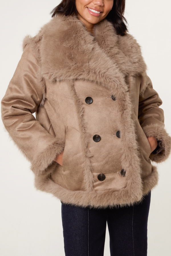 qed london Reversible Double Button Faux Fur Coat