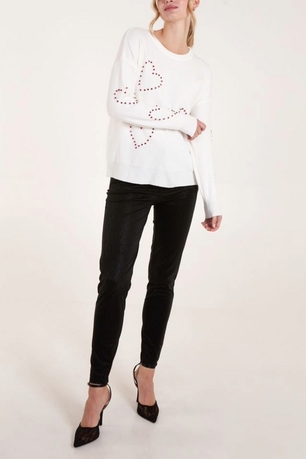 Qed London Rhinestone Heart Knit Jumper