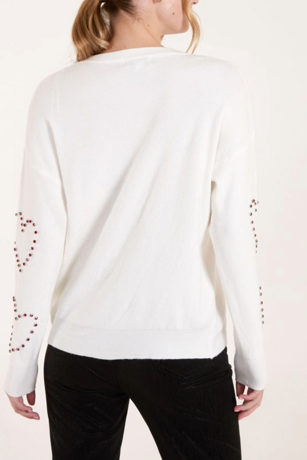 Qed London Rhinestone Heart Knit Jumper