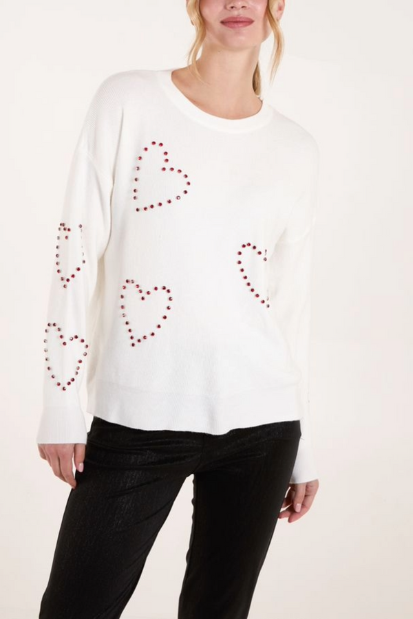 qed london Rhinestone Heart Knit Jumper