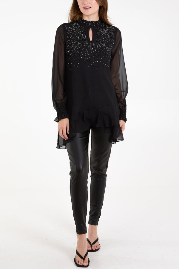 Qed London Rhinestone High Neck Keyhole Top