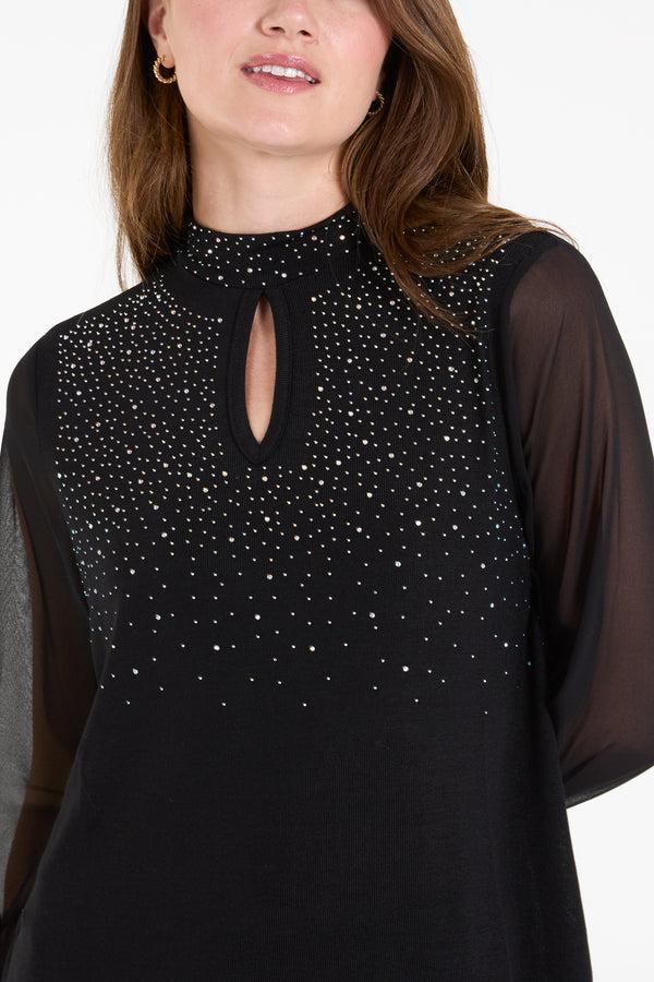 Qed London Rhinestone High Neck Keyhole Top