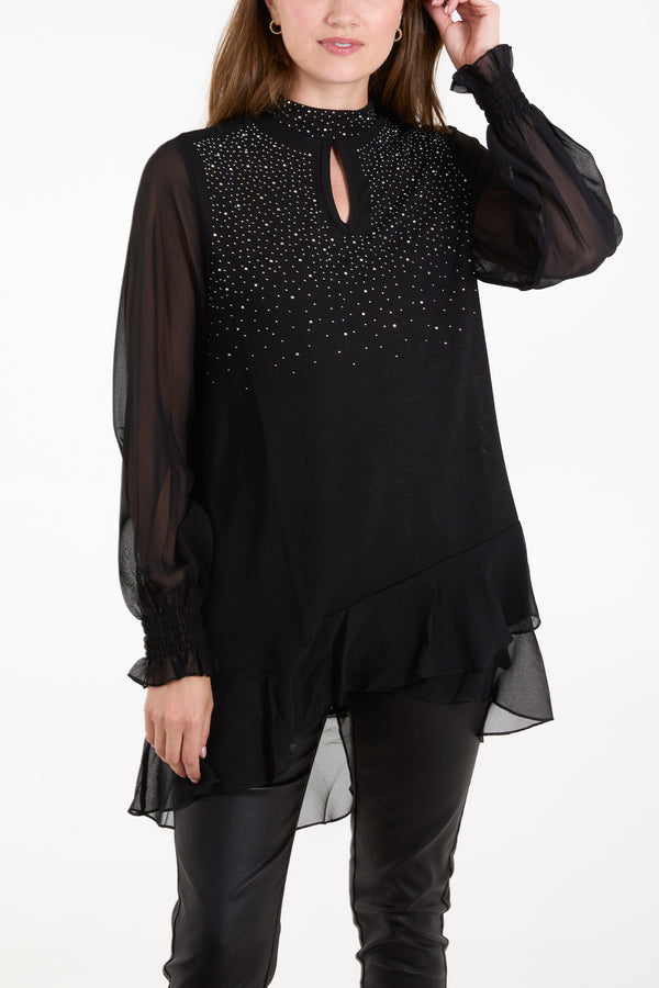 qed london Rhinestone High Neck Keyhole Top
