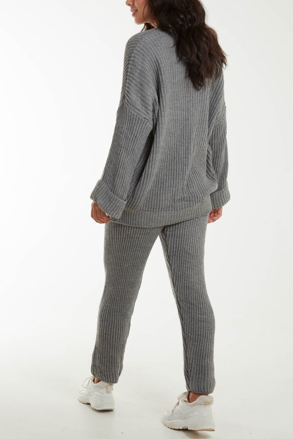 Qed London Ribbed Knit Cardigan & Joggers Co-Ord Set