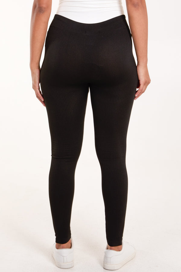 Qed London Ribbed Plain Black Legging