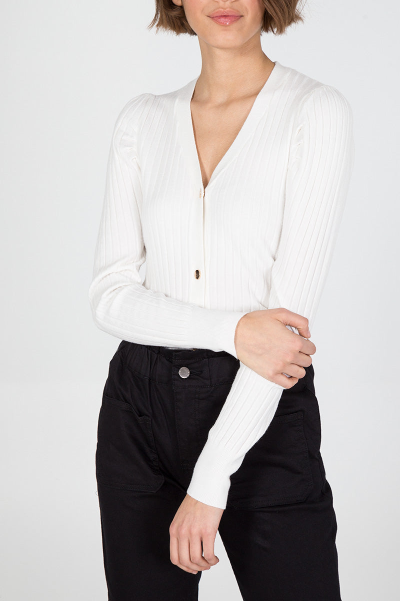 Qed London Ribbed Puff Shoulder Cardigan