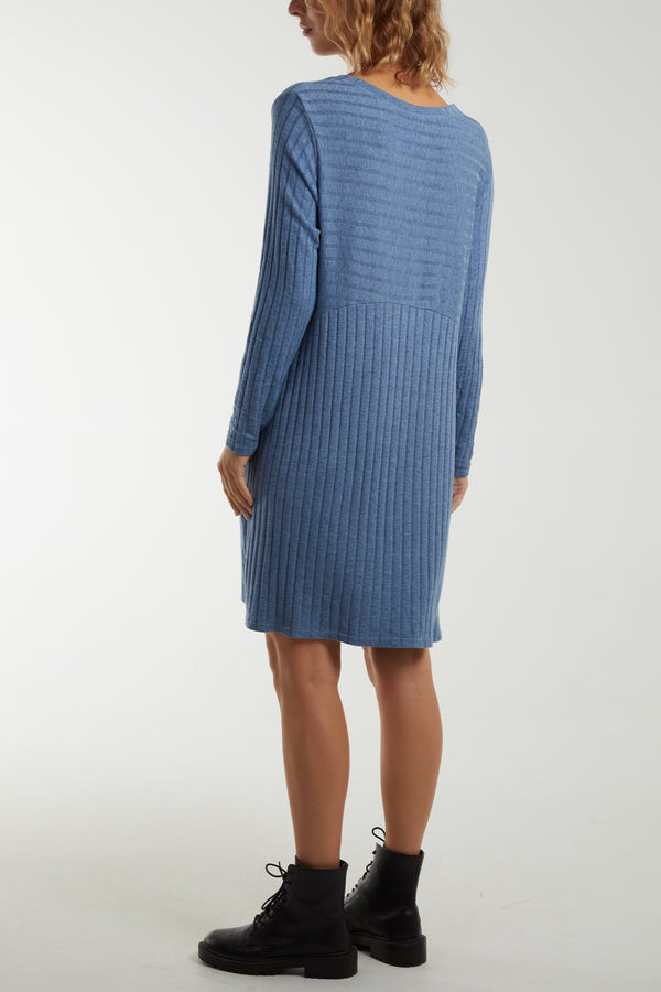 Qed London Ribbed Rolled Sleeve Knit Dress