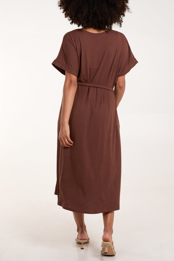 Qed London Ribbed Tie Front Midi Dress