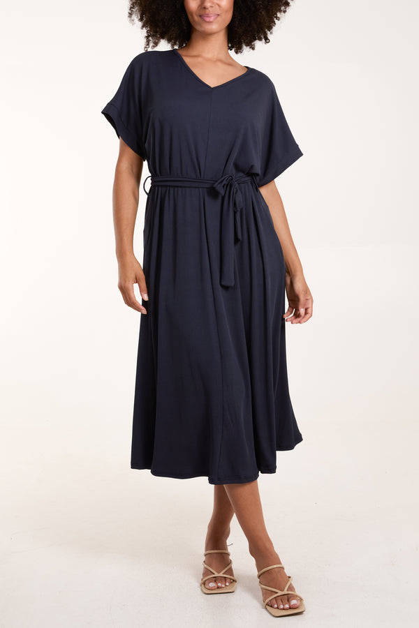 Qed London Ribbed Tie Front Midi Dress