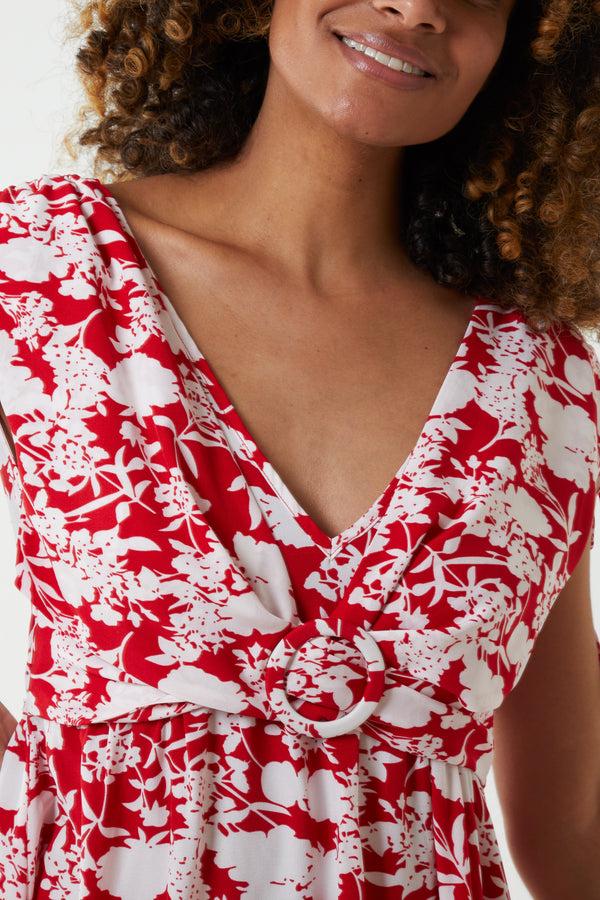 Qed London Ring Front Floral V-Neck Midi Dress