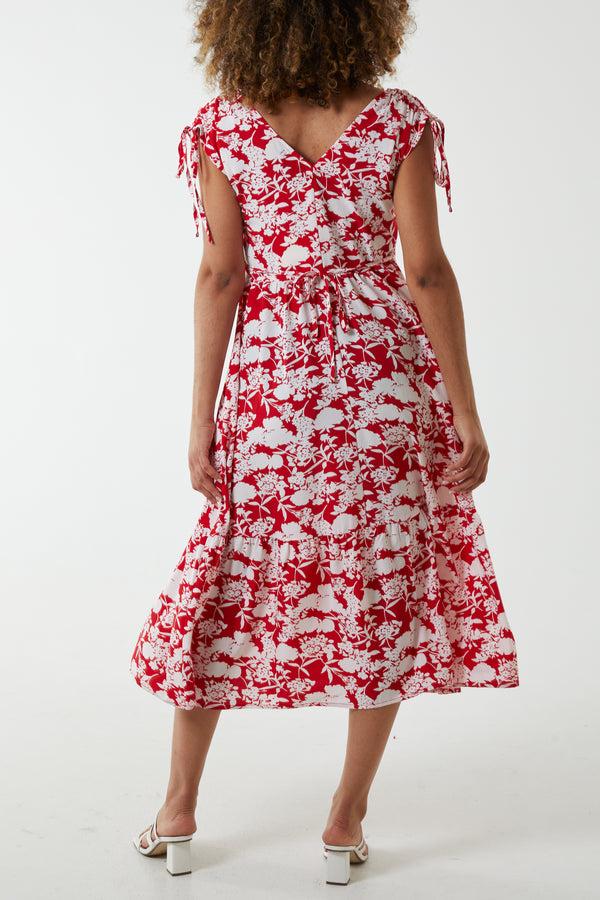 Qed London Ring Front Floral V-Neck Midi Dress