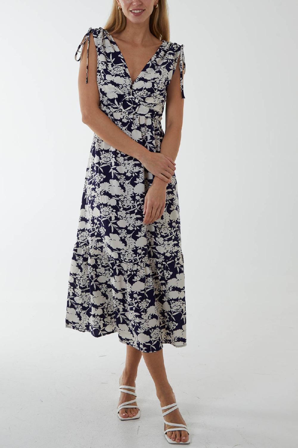 Qed London Ring Front Floral V-Neck Midi Dress
