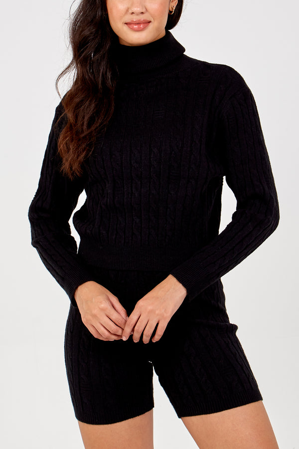 qed london Roll Neck Cable Knit & Shorts Co-Ord Set