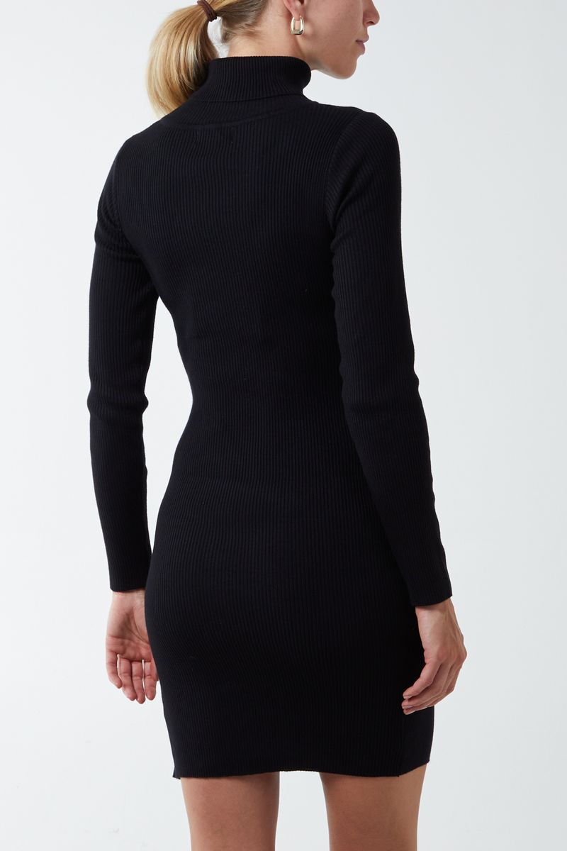 Qed London Roll Neck Cut Out Split Hem Dress