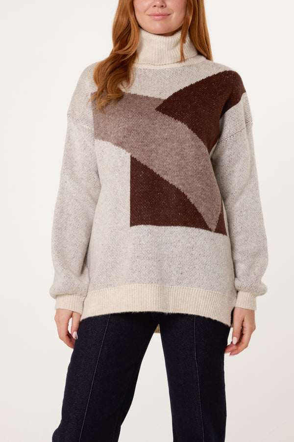 Qed London Roll Neck Geometric Pattern Jumper