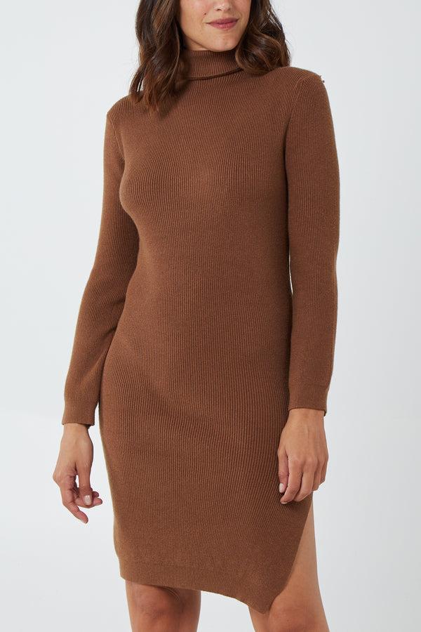 Qed London Roll Neck Ribbed Dress With Side Split
