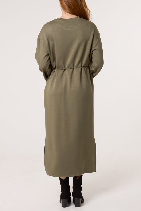 Qed London Round Neck Belted Midi Sweat Dress