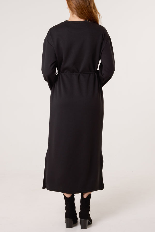 Qed London Round Neck Belted Midi Sweat Dress