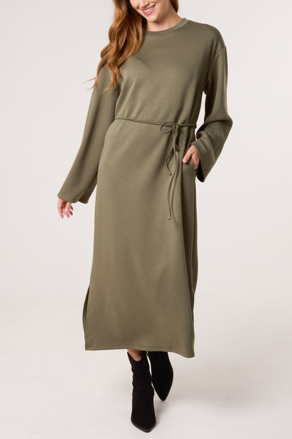 qed london Round Neck Belted Midi Sweat Dress