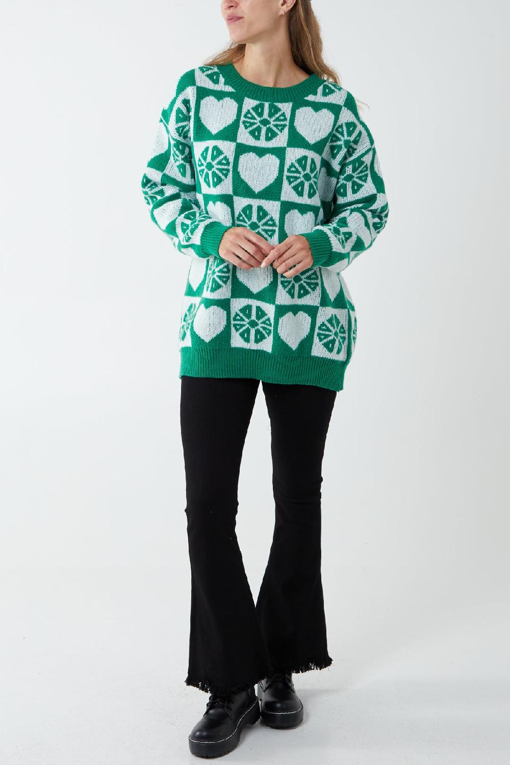 Qed London Round Neck Heart Checkerboard Jumper