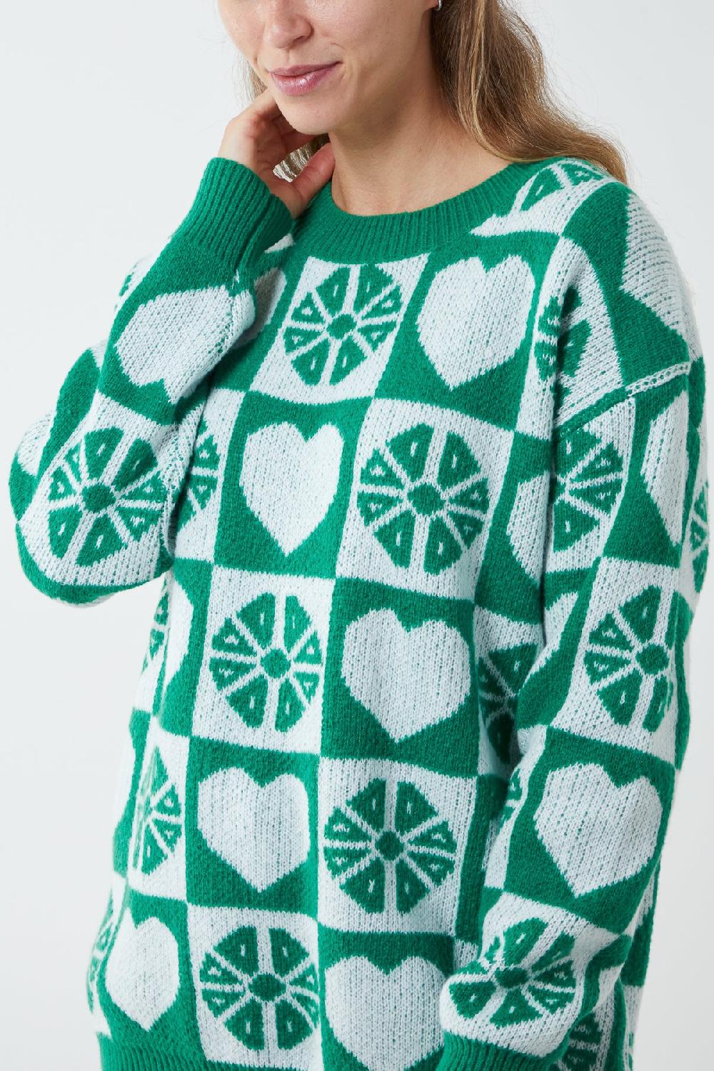 Qed London Round Neck Heart Checkerboard Jumper