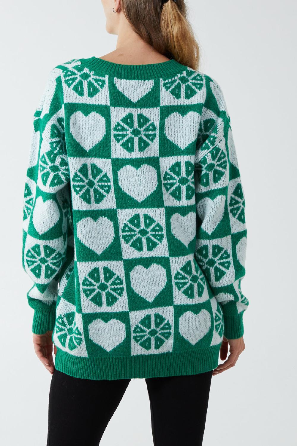 Qed London Round Neck Heart Checkerboard Jumper