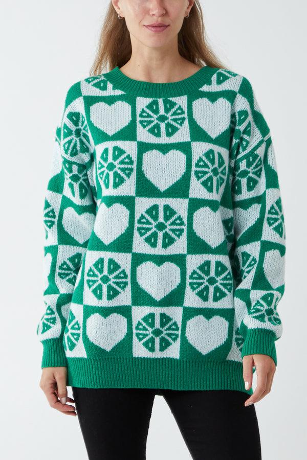 qed london Round Neck Heart Checkerboard Jumper