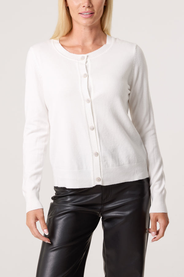 qed london Round Neck Jewelled Button Cardigan