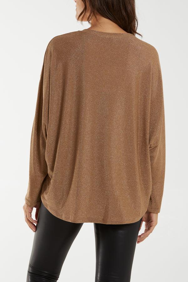 Qed London Round Neck Long Sleeve Shimmer Top