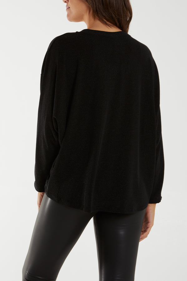 Qed London Round Neck Long Sleeve Shimmer Top