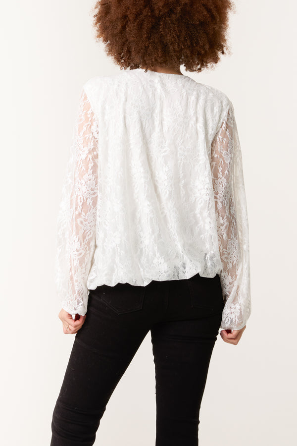 Qed London Round Neck Puffball Sleeve Lace Top