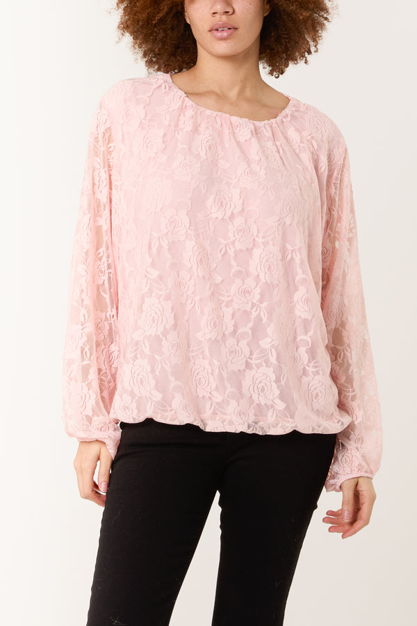 Qed London Round Neck Puffball Sleeve Lace Top