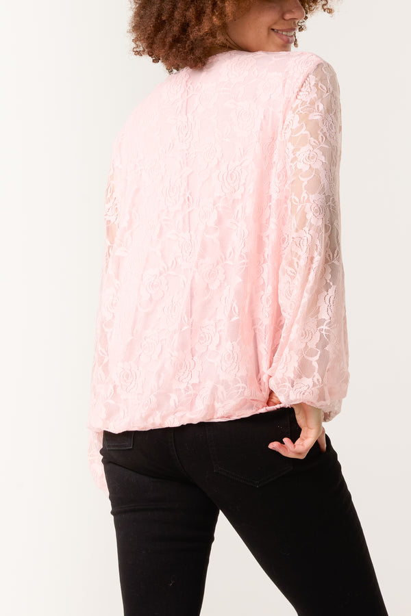 Qed London Round Neck Puffball Sleeve Lace Top