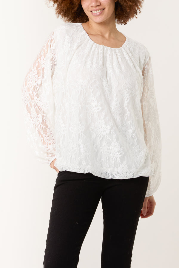 qed london Round Neck Puffball Sleeve Lace Top