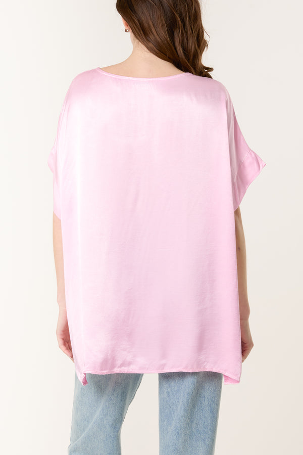 Qed London Round Neck Short Sleeve Satin Top