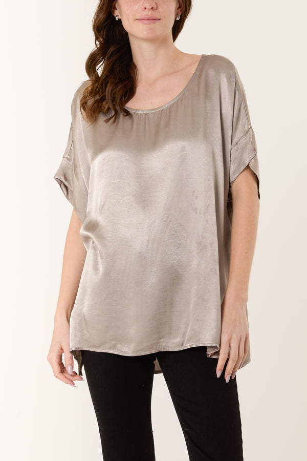 Qed London Round Neck Short Sleeve Satin Top