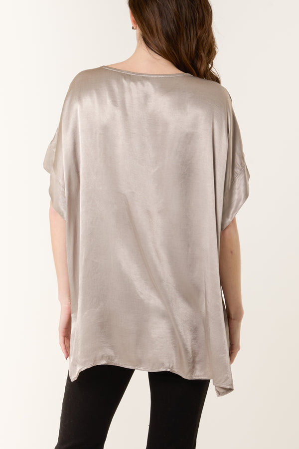 Qed London Round Neck Short Sleeve Satin Top
