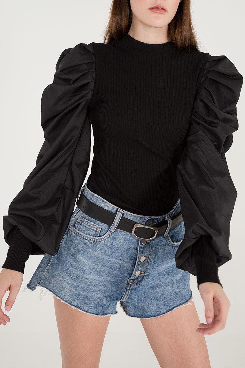 qed london Ruffle Balloon Sleeve Rib Jumper